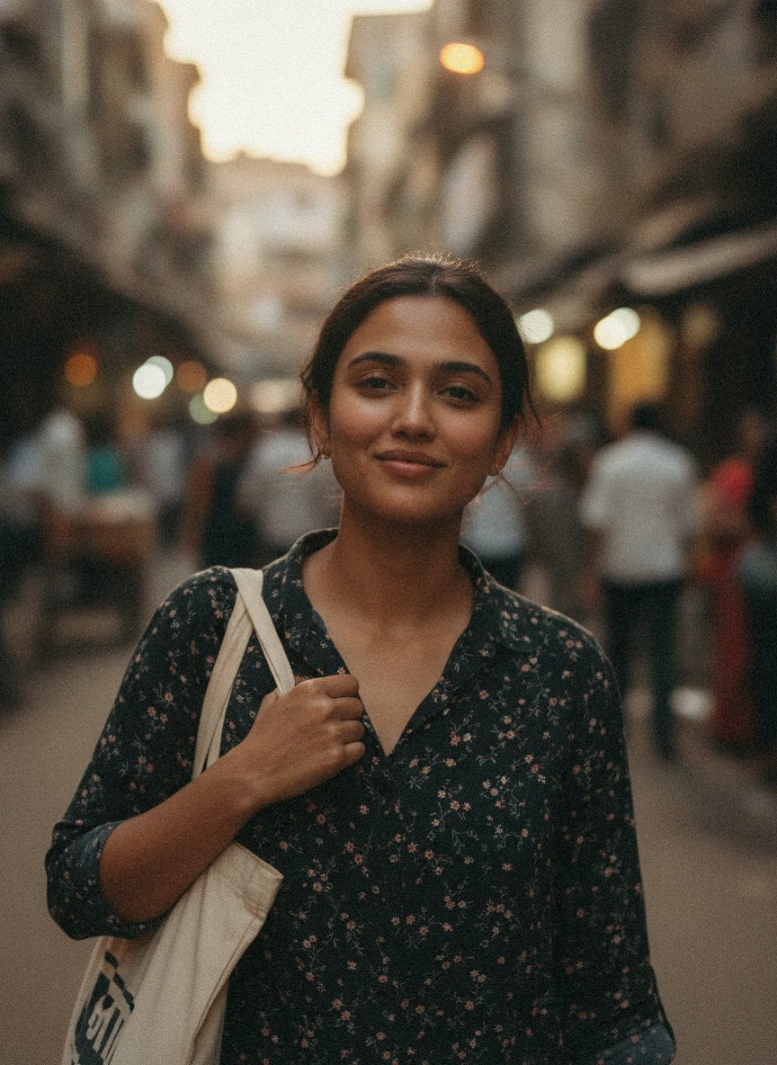 An Indian street at dusk, the day's sun done